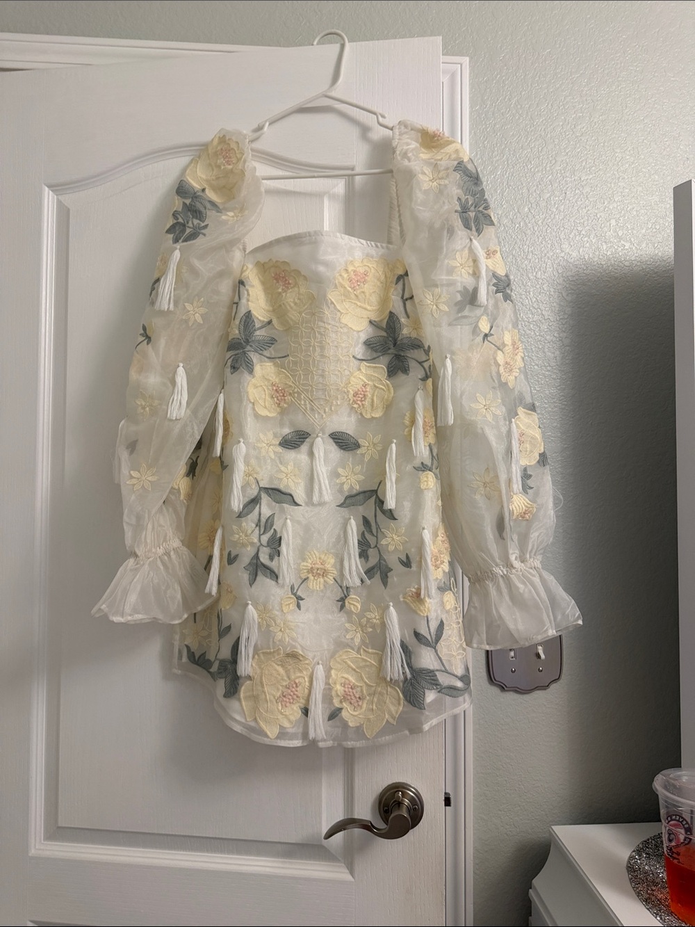 ASOS Ivory Floral Embroidered Puff Sleeve Dress
